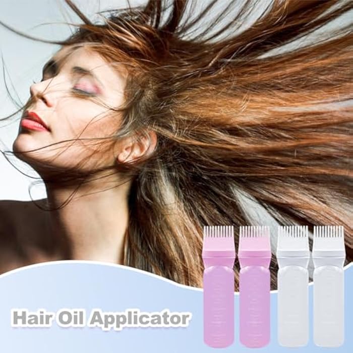 ELANE 4 Pcs Root Comb Applicator Bottle 6oz,Hair Oil Applicator Bottle for Hair,Oil Comb Applicator Hair Bottle Applicator for Hair Dye Shampoos Hair Salons Camping Traveling(white+pink) - Image 5